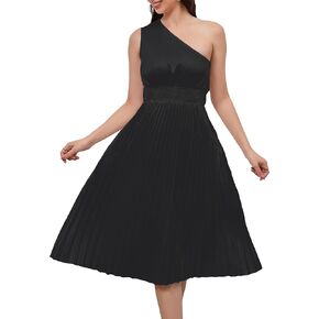 Women's One Shoulder Midi Dress Sleeveless High Waist Pleated Dress Flowy Party Cocktail Dress