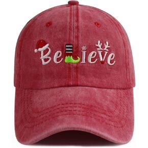 Christmas Hats for Men Women, Funny Adjustable Embroidered Believe Santa Baseball Cap