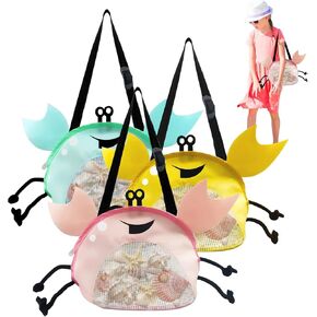 3 Pcs Crab-Shaped Seashell Bag Mesh Beach Bag for Kids Adjustable Strap for Holding Shell Collecting Bags Shell Sea Pool Sand Toy (Blue/Yellow/Pink)