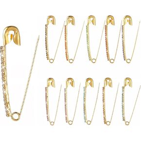 Safety Pins Brooch Pins Decorative Large Safety Pins For Clothes 11 Pcs Gold Rhinestone Pins Sweater Shawl Clips Shiny Faux Crystal Brooches For Women Hijab Skirts Scarf Lapel Hat Accessories