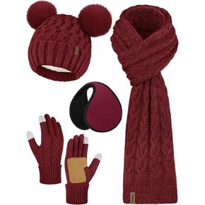 Aneco Winter Beanie Hat with Pom Pom Scarf Touchscreen Gloves Ear Warmer Women Fleece Lined 4 in 1 Set for Cold Weather
