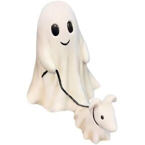 Halloween Ghost Walking Dog Statue， Ghost Walking His Ghost Dog Halloween Ghost Dog Statues Spooky Ghost Dog Halloween Figurine Home Tabletop Decorations (B, Small)