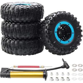 4PCS Inflatable 2.2 Inch RC Tires and Wheels Set Off Road OD 120mm Tyre for 1:10 Scale Monster Truck RC Rock Crawler Axial SCX10 SCX10 II 90046 90047 Traxxas TRX-4,(Blue)