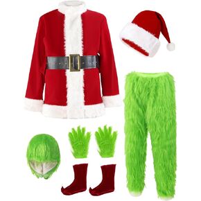ACH Christmas Costume Adults Men Santa Claus Suit 7PCS Deluxe Professional Furry Xmas Halloween Cosplay Outfit for Adult Set