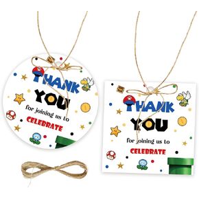 FORSHEEP 50pcs Super Boy Thank You Tags, Cartoon Boy Gift Tag with String for Game Themed Party, Round Thank You Paper Tags for Birthday/Cartoon Game Themed Party Favors