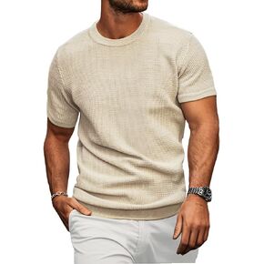 Men's Short Sleeve Knit T-Shirts Casual Crewneck Solid Waffle Texture Knit Shirt