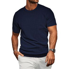 Men's Short Sleeve Knit T-Shirts Casual Crewneck Solid Waffle Texture Knit Shirt