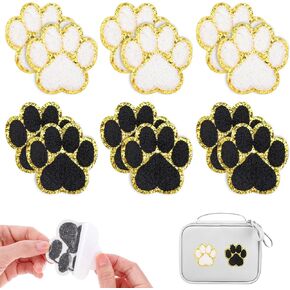 12 Pcs Self Adhesive Paw Print Patches, Chenille Paw Patch Paw Print Iron On Patch Pet Cat Dog Footprint Appliques Embroidery Sticker Patches for Kids Clothing Backpacks(White, Black with Gold Edge)