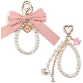 2pcs Bow Keychain, Cute Keychain, Wristlet Keychain, Ribbon Keychain Pearl Bag Charm for Purse Handbags Backpack