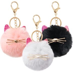 yueton 3PCS Cute Fluffy Animal Cat Keychain Faux Rabbit Fur Pom Pom Ball Keyring Artificial Fur Alloy Key Chain Hanging Ornament Decoration for Bag Handbag Backpack Purse Wallet Car Charm Key Rings