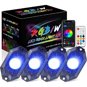 RGB Rock Lights Bluetooth/Remote Control Underglow Multicolor Neon Lights RGB LED Rock Light Kit Timing Music Mode Wheel Well Light for UTV RZR Side by Side ATV Jeep Golf Cart-4Pods