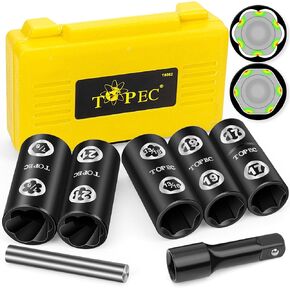 Topec Flip Edition Wheel Lock Removal Kit, 7-Piece Locking Lug Nut Removal Tool, 1/2" Drive Lug Nut Remover for Stripped Tire Bolts and Lug Nuts, 2-IN-1 Extractor Socket Set
