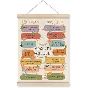 HRQKO Growth Mindset Poster Hanger Frame, Therapy Office Decor, Classroom Posters with Wooden Frames, Mental Health Affirmations Wall Hanging Banner Decor for School Office Kids Classroom,12x16 Inch