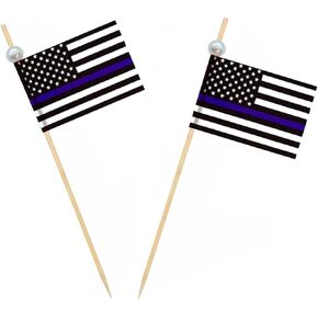 JAVD American Thin Blue Line Flag US Police Topper Flag, Small Mini Stick Cupcake Toppers US Police Flags,The toothpick is topped with white pearls US Police Toothpick Flags