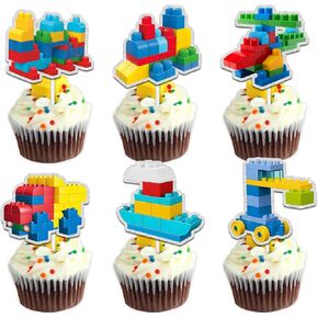 18pcs Colorful Glitter Dessert Cupcake Topper Pick for Building Blocks Block Traffic Theme Decor Supplies Baby Shower Happy Birthday Anniversary Party Decoration