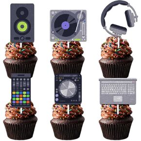 18pcs Glitter Computer Headphones Disc CD Mobile Phone Dessert Cupcake Topper 80s 90s Intelligence Theme Decorations Boy Girl Happy Birthday Decor Supplies
