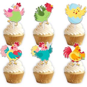 Glitter Dessert Cupcake Topper Cheer to Farm Little Chicken Hen Theme Decor Supplies Boys Girls Happy Birthday Party Decorations set 18pcs