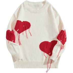 Verdusa Men's Heart Fringe Knit Top Round Neck Drop Shoulder Sweater Long Sleeve Pullover
