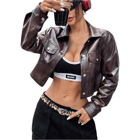 SOLY HUX Women's Cropped Faux Leather Jacket Button Down Motorcycle PU Jacket Outerwear