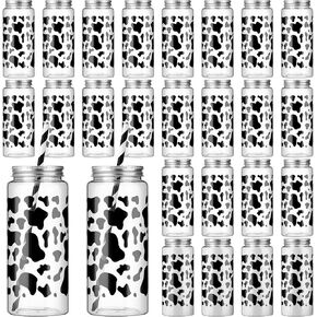 Chuangdi 24 Sets 14 oz Cow Themed Plastic Milk Bottles with Straws and Metal Lids 24 Plastic Bottles 25 Paper Straws Cow Print Tumbler Reusable Milk Jar Containers for Party Favors Birthday Supplies