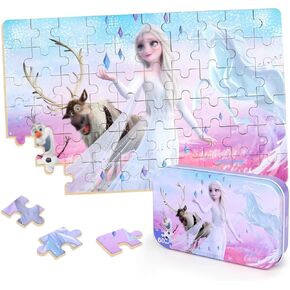 Puzzles for Kids Ages 4-8,Kids Puzzles in a Metal Box,Winter Anna and Elsa Princess Snowman Puzzles,Kids Boys Girls Learning Educational Puzzles Packed in Tin Box,60 Pieces