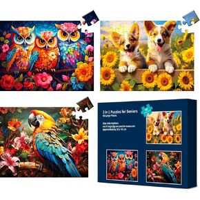 3 Packs Large Piece Puzzle for Seniors - Dementia 48 Pieces Puzzles for Elderly Adults,Alzheimer’s Puzzles Memory Cognitive Games for Elderly Seniors with 3 Storage Bags