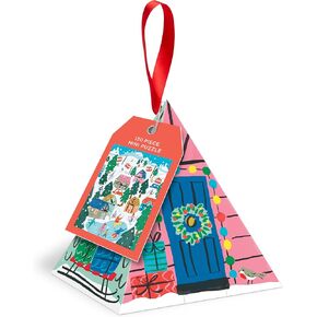 Galison Alpine Cottage – 130 Piece Pyramid Shaped Puzzle Ornament Featuring Colorful Illustration of Alpine Life During Wintertime