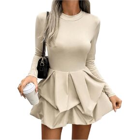MakeMeChic Women's Long Sleeve Mock Neck Mini Dress Ruffle Hem A Line Short Dresses