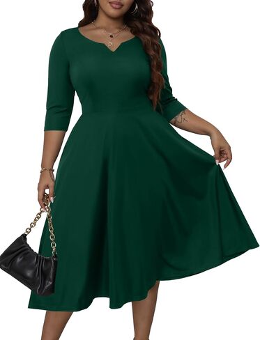 Runwind Plus Size Dresses Women Fit and Flare A-Line Swing Dress 3/4 Sleeve Midi Church Wedding Guest Cocktail Party Dresses in Kuwait