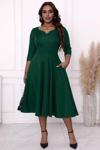 Runwind Plus Size Dresses Women Fit and Flare A-Line Swing Dress 3/4 Sleeve Midi Church Wedding Guest Cocktail Party Dresses in Kuwait