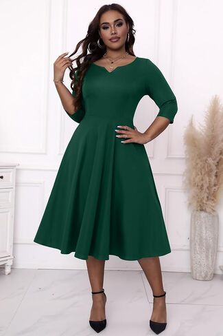 Runwind Plus Size Dresses Women Fit and Flare A-Line Swing Dress 3/4 Sleeve Midi Church Wedding Guest Cocktail Party Dresses in Kuwait