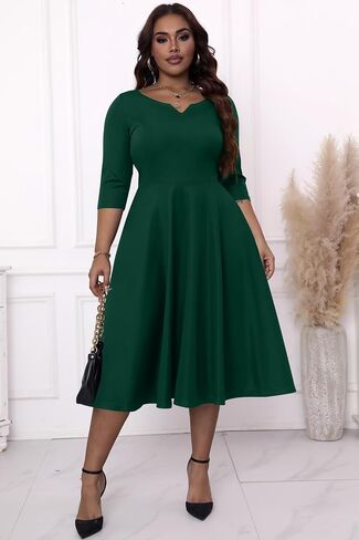 Runwind Plus Size Dresses Women Fit and Flare A-Line Swing Dress 3/4 Sleeve Midi Church Wedding Guest Cocktail Party Dresses in Kuwait