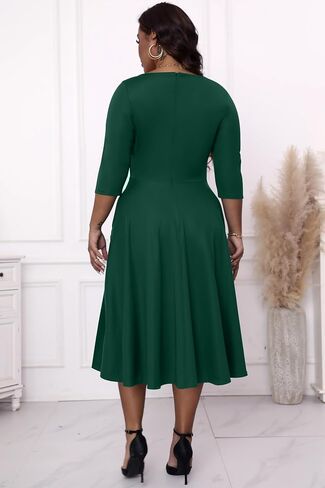 Runwind Plus Size Dresses Women Fit and Flare A-Line Swing Dress 3/4 Sleeve Midi Church Wedding Guest Cocktail Party Dresses in Kuwait