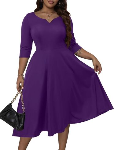 Runwind Plus Size Dresses Women Fit and Flare A-Line Swing Dress 3/4 Sleeve Midi Church Wedding Guest Cocktail Party Dresses in Kuwait