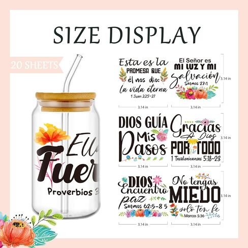 AFRITEE Transfer UV DTF Decal - 20 Sheets Spanish Bible Verse UV DTF Cup Wraps for 16 20 40 oz Glass Coffee Mug, Christian Motivational Saying Transfer Stickers for DIY Water Bottle Religious Gifts in Saudi Arabia