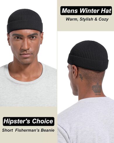 Short Fisherman Beanie for Men Women, Wool Knit Cuff Warm Winter Hats, Trawler Beanie Watch Caps Soft Skullcap in Kuwait