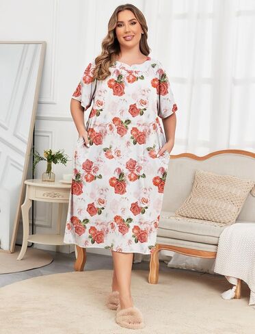 ZOMVA Plus Size Nightgowns for Women with Pockets Short Sleeve Cotton House Dress Mumu Duster Housecoat Moo Moos Dresses in Kuwait