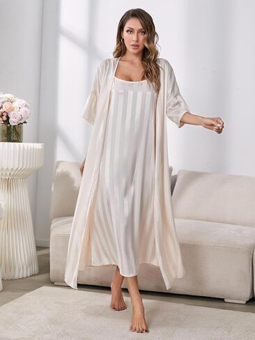 Women's Robe Set Nightgown with Robes Satin Silk Pajama Set 2 Pieces Lingerie U-Neck Sexy Sleepwear Sets in Saudi Arabia