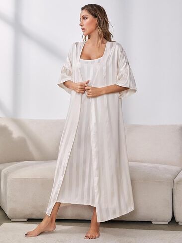 Women's Robe Set Nightgown with Robes Satin Silk Pajama Set 2 Pieces Lingerie U-Neck Sexy Sleepwear Sets in Saudi Arabia