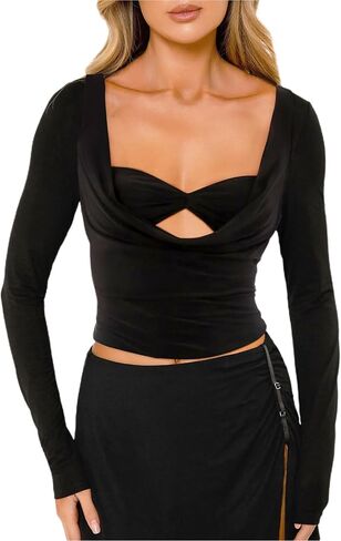 CSDAJIO Women's Sexy Draped Cowl Neck Long Sleeve Cut Out T Shirt Low Cut Fitted Top Ruched Going Out Shirts in Saudi Arabia