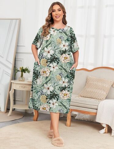 ZOMVA Plus Size Nightgowns for Women with Pockets Short Sleeve Cotton House Dress Mumu Duster Housecoat Moo Moos Dresses in Kuwait