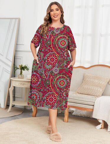 ZOMVA Plus Size Nightgowns for Women with Pockets Short Sleeve Cotton House Dress Mumu Duster Housecoat Moo Moos Dresses in Kuwait