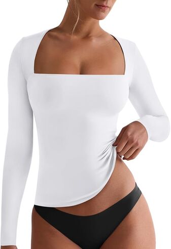 REORIA Fall Sexy Basic Square Neck Tops for Women Long Sleeve Double Lined Full Length Fitted T Shirts Tops in Kuwait