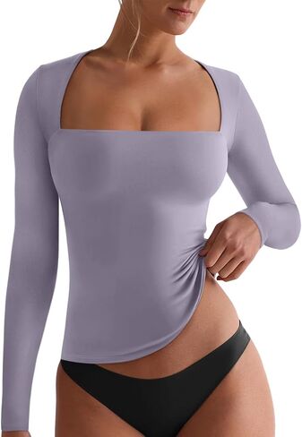 REORIA Fall Sexy Basic Square Neck Tops for Women Long Sleeve Double Lined Full Length Fitted T Shirts Tops in Kuwait