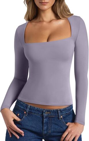 REORIA Fall Sexy Basic Square Neck Tops for Women Long Sleeve Double Lined Full Length Fitted T Shirts Tops in Kuwait