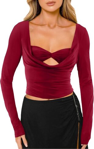 CSDAJIO Women's Sexy Draped Cowl Neck Long Sleeve Cut Out T Shirt Low Cut Fitted Top Ruched Going Out Shirts in Kuwait