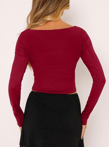 CSDAJIO Women's Sexy Draped Cowl Neck Long Sleeve Cut Out T Shirt Low Cut Fitted Top Ruched Going Out Shirts in Kuwait