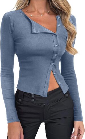 CSDAJIO Asymmetrical Neck Long Sleeve Ribbed Crop Tops for Women Button Up Fall Shirt Casual Basic Tee Top in Saudi Arabia