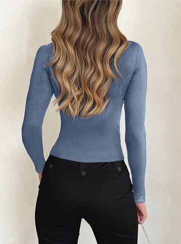 CSDAJIO Asymmetrical Neck Long Sleeve Ribbed Crop Tops for Women Button Up Fall Shirt Casual Basic Tee Top in Saudi Arabia