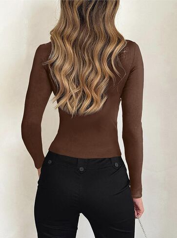 CSDAJIO Asymmetrical Neck Long Sleeve Ribbed Crop Tops for Women Button Up Fall Shirt Casual Basic Tee Top in Saudi Arabia